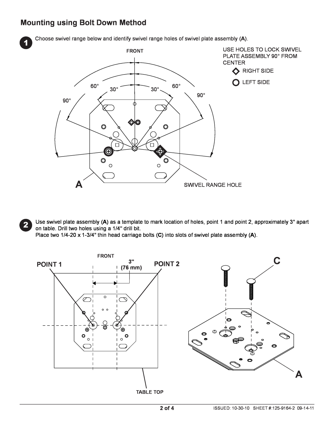 Peerless Industries HLG440-PH-Q10 instruction sheet Point, 76 mm, 2 of, Mounting using Bolt Down Method 