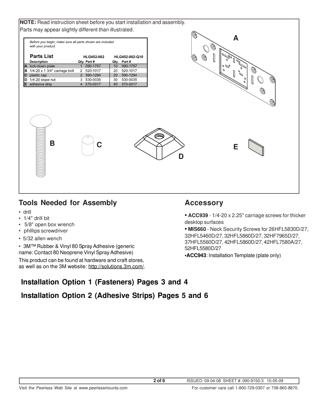 Peerless Industries HLG452-002-Q10 manual Tools Needed for Assembly, Accessory 