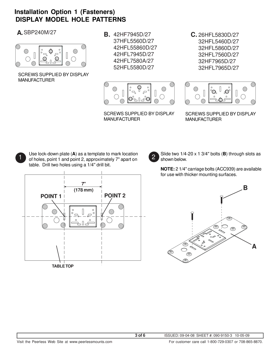 Peerless Industries HLG452-002 manual SBP240M/27 42HF7945D/27, 52HFL5580D/27 32HFL7965D/27, Screws Supplied by Display 