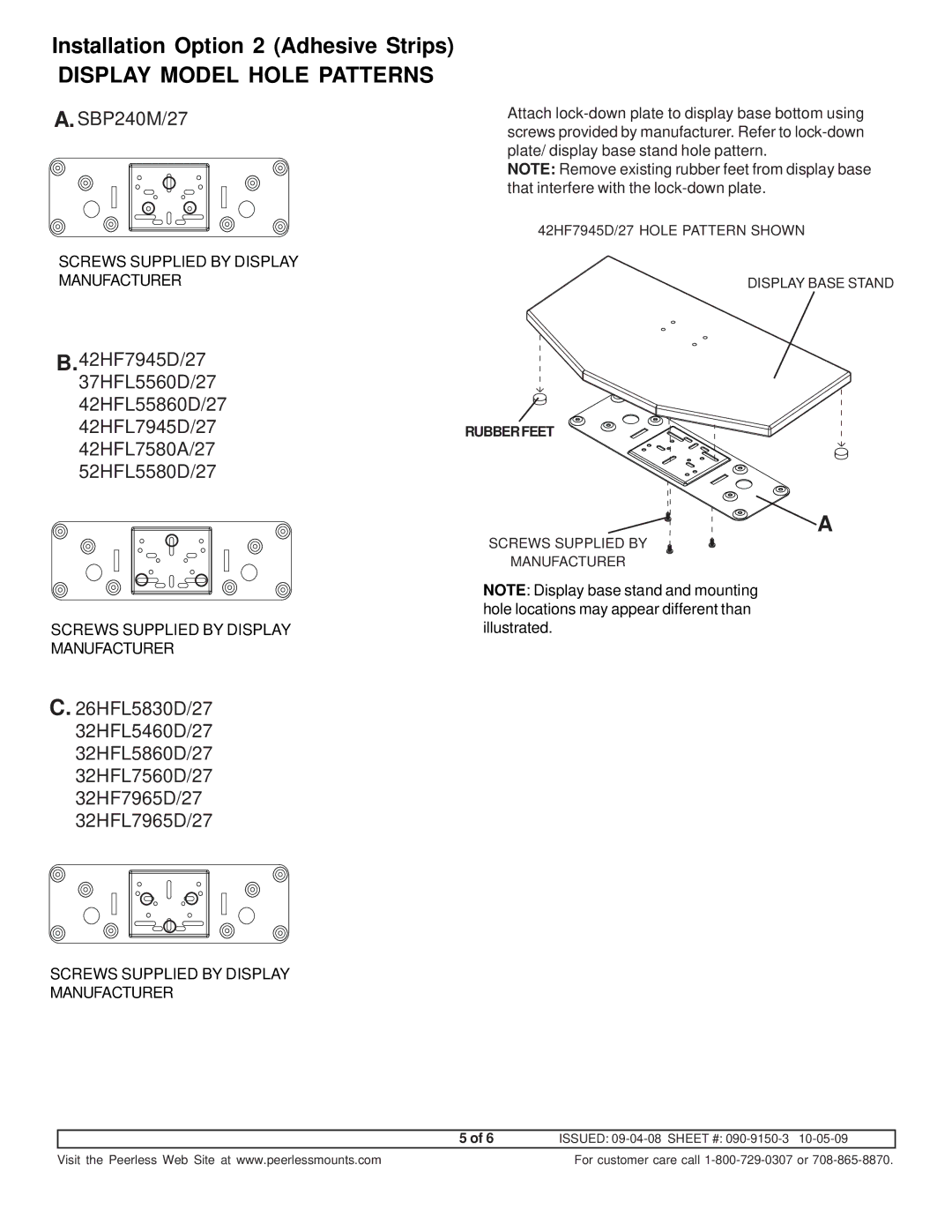 Peerless Industries HLG452-002-Q10 manual SBP240M/27, Screws Supplied by Display Manufacturer 