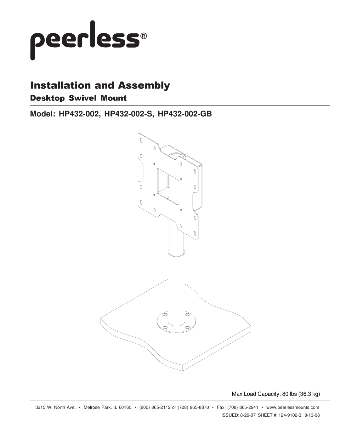 Peerless Industries HP432-002-S, HP432-002-GB manual Installation and Assembly 