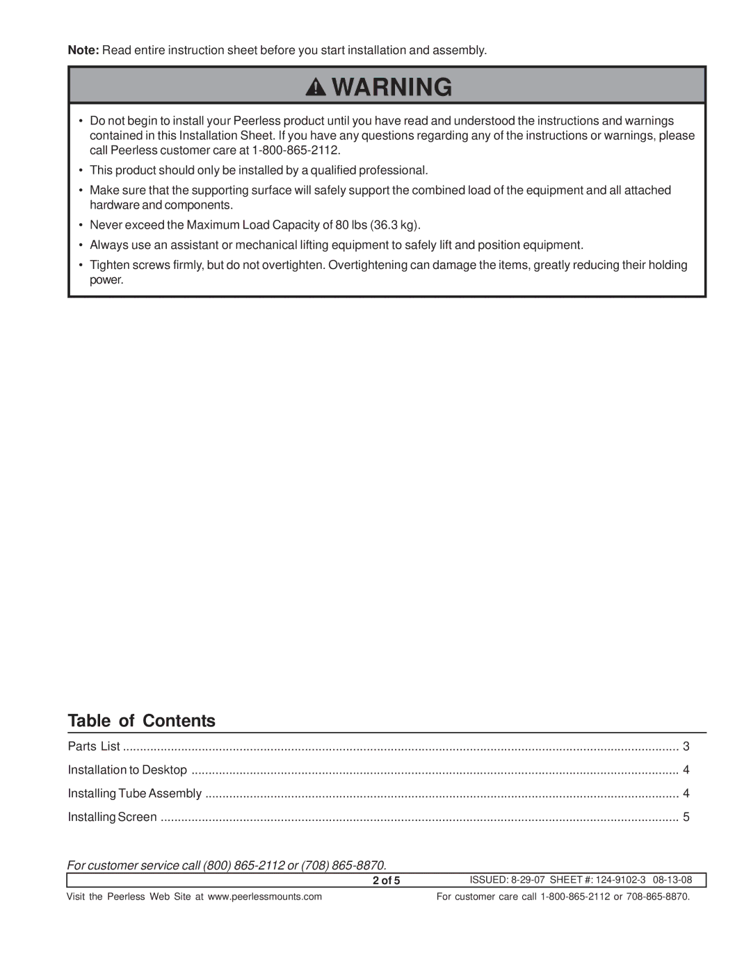 Peerless Industries HP432-002-GB, HP432-002-S manual Table of Contents 