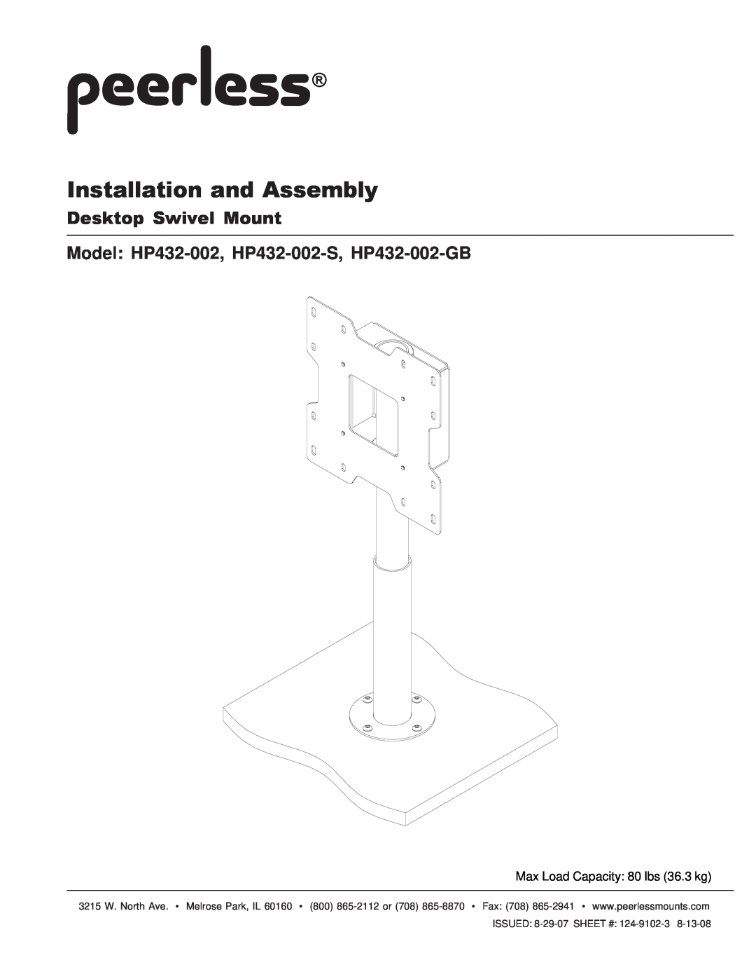 Peerless Industries manual Model HP432-002, HP432-002-S, HP432-002-GB, Installation and Assembly, Desktop Swivel Mount 