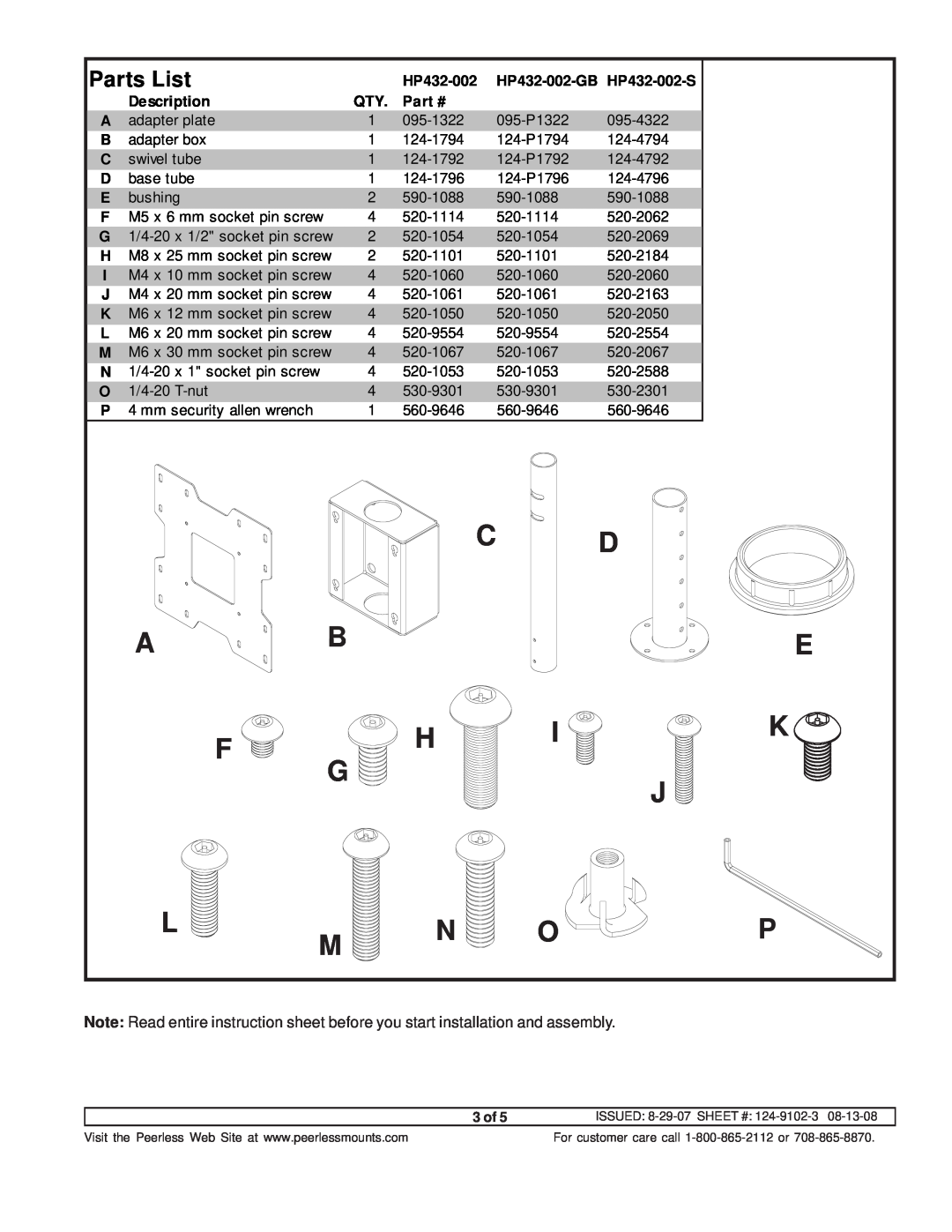 Peerless Industries manual C D Ab F H I G J, L N O P M, Parts List, HP432-002-GB HP432-002-S, Description 