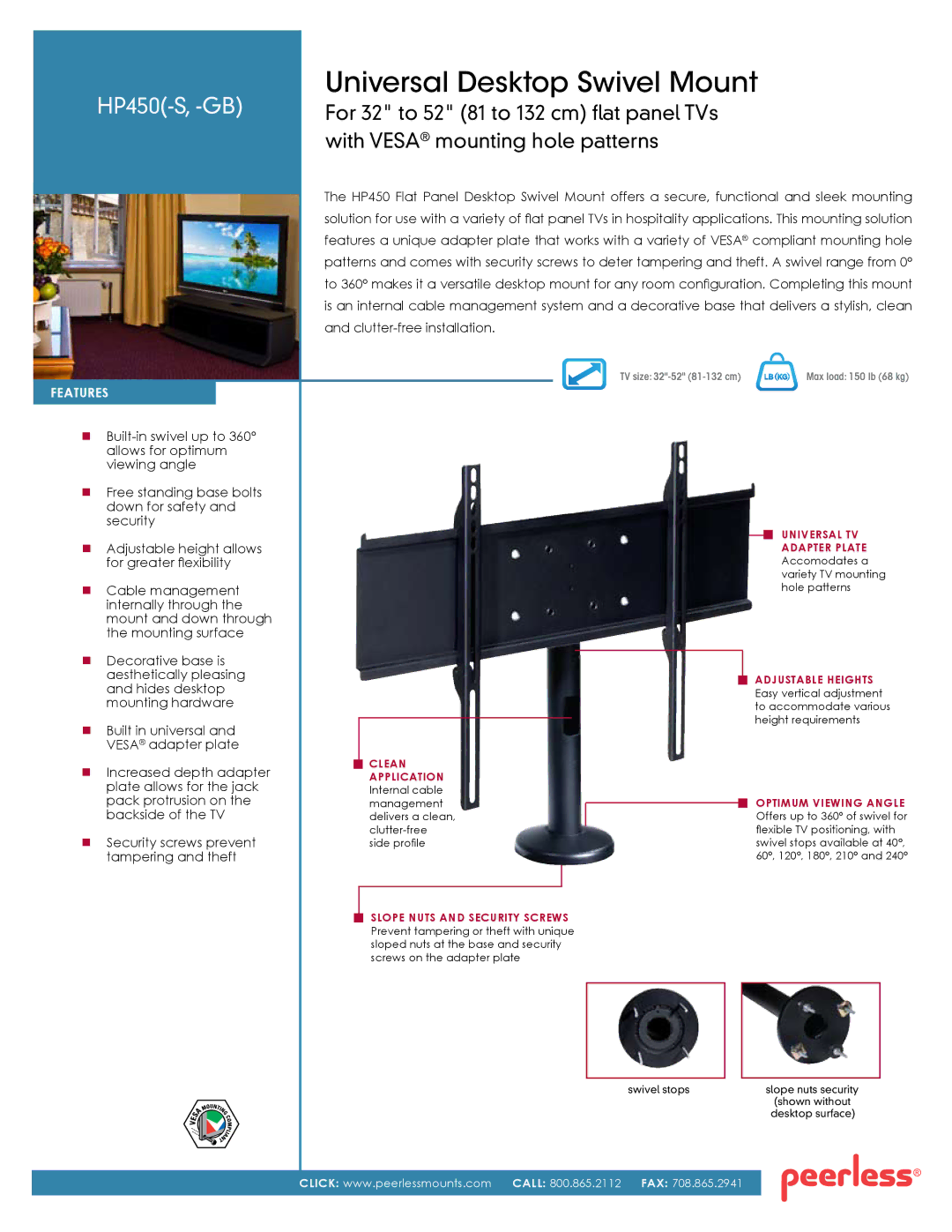 Peerless Industries HP450 manual Universal TV, Adapter Plate, Adjustable Heights, Clean Application, Optimum Viewing Angle 