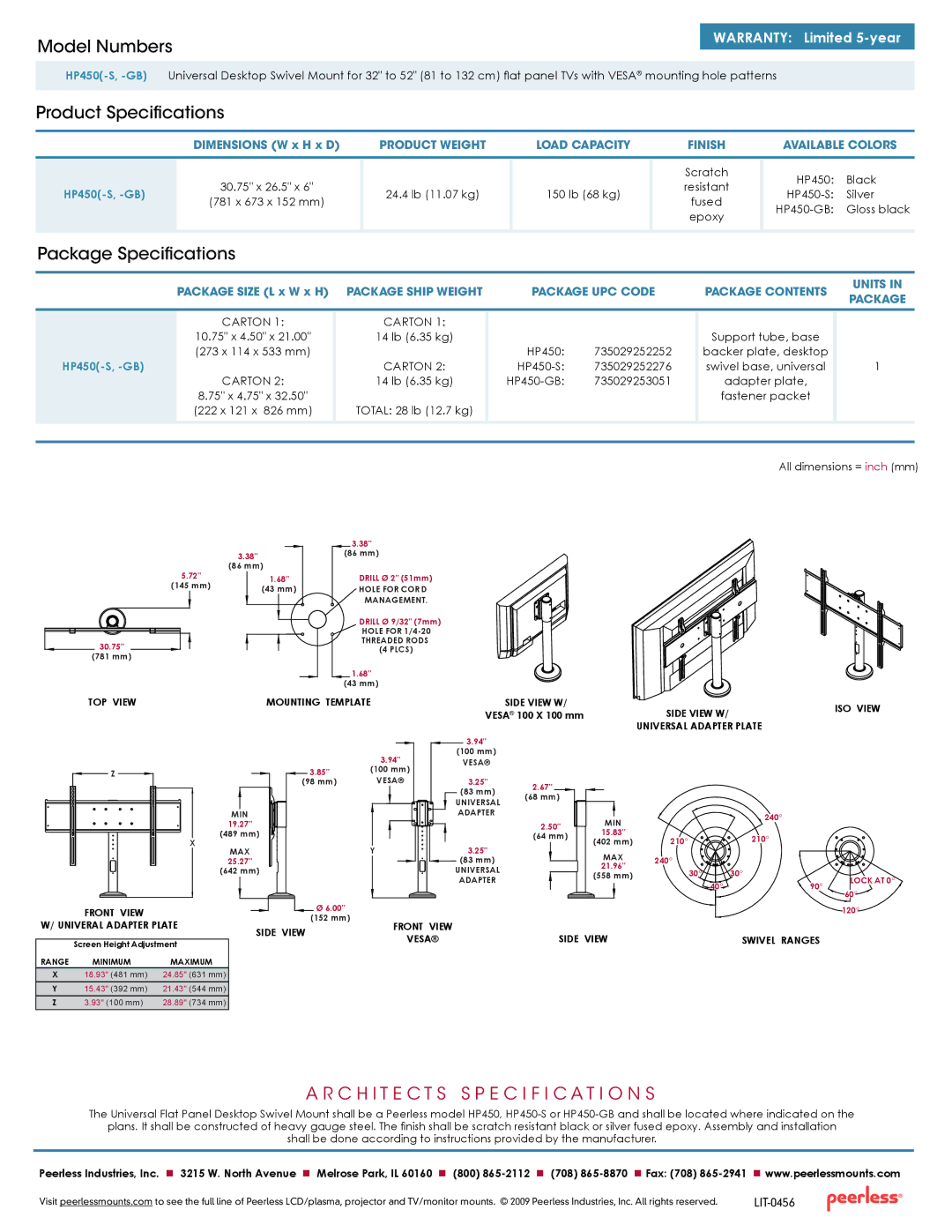 Peerless Industries HP450 manual Model Numbers, Product Specifications, Package Specifications, ISO View, Side View 