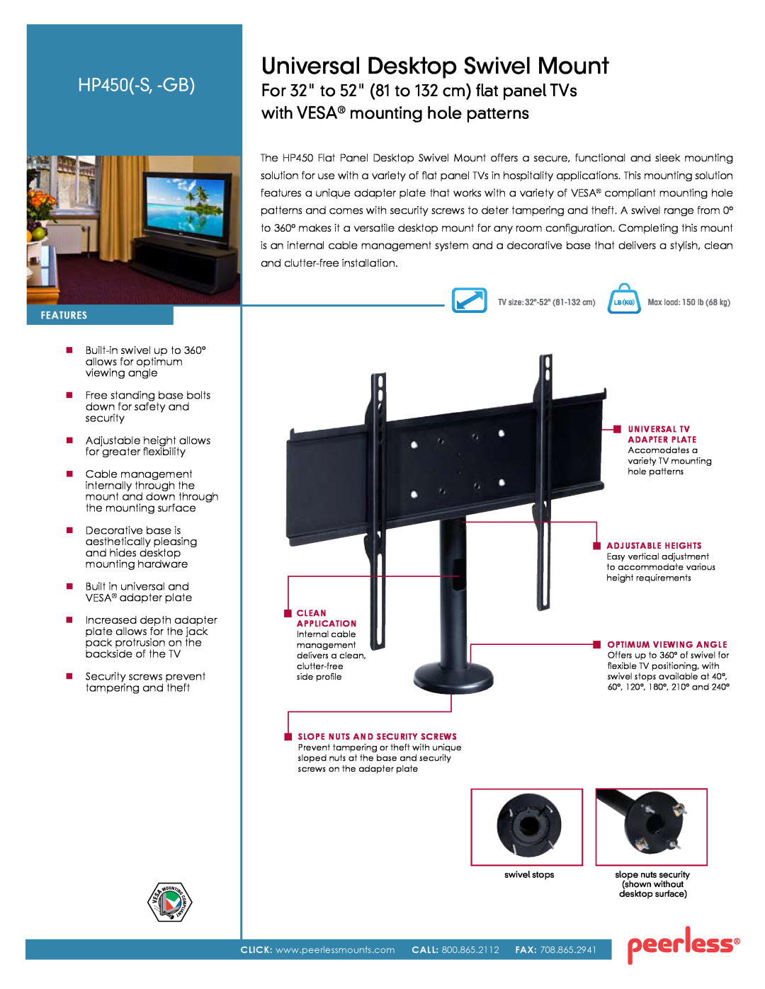 Peerless Industries manual Universal Desktop Swivel Mount, HP450-S, -GB, For 32 to 52 81 to 132 cm flat panel TVs 