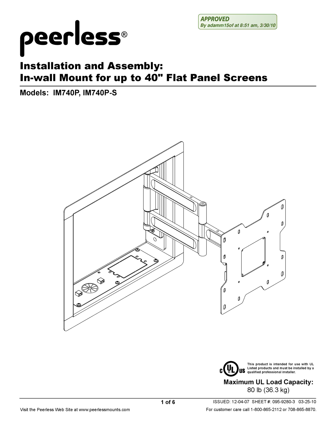 Peerless Industries manual Models IM740P, IM740P-S, Maximum UL Load Capacity 