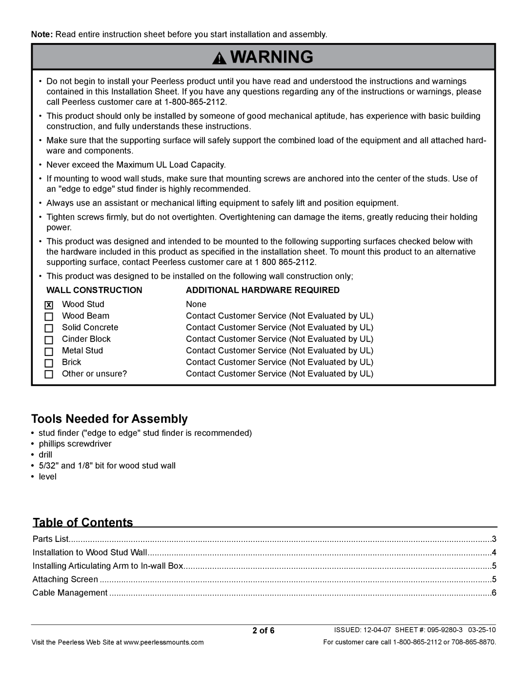 Peerless Industries IM740P-S manual Tools Needed for Assembly, Table of Contents 