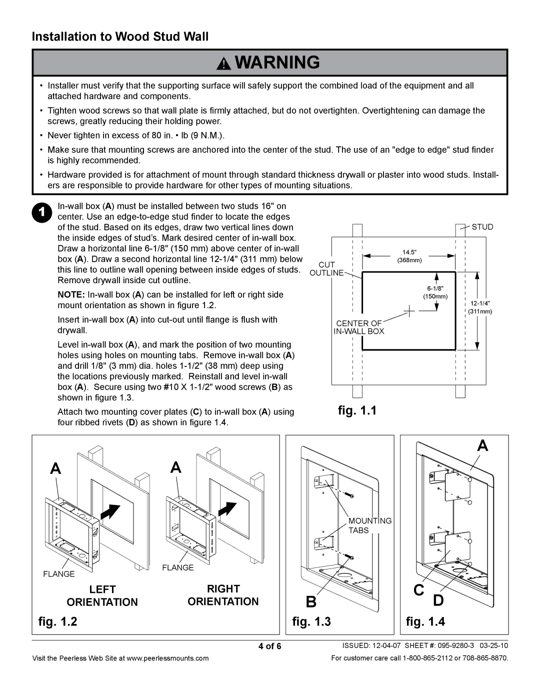 Peerless Industries IM740P manual Installation to Wood Stud Wall, Box A. Draw a second horizontal line 12-1/4 311 mm below 