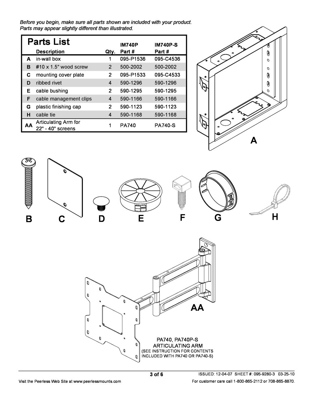 Peerless Industries IM740P-S manual Parts List, A B C D E F G H Aa, Description, 3 of 
