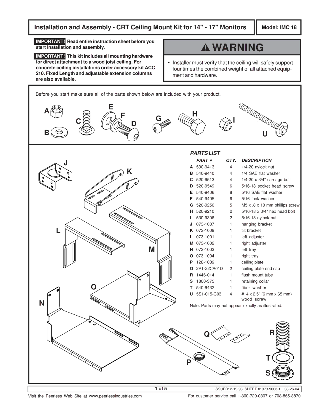 Peerless Industries IMC 18 instruction sheet Ae Fh, Model IMC 