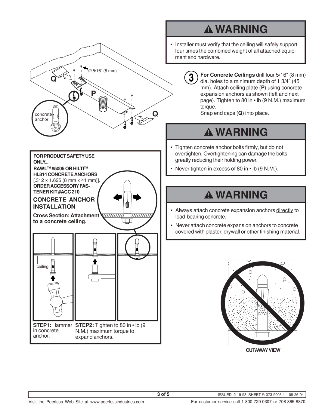 Peerless Industries IMC 18 instruction sheet Cross Section Attachment to a concrete ceiling, Hammer 