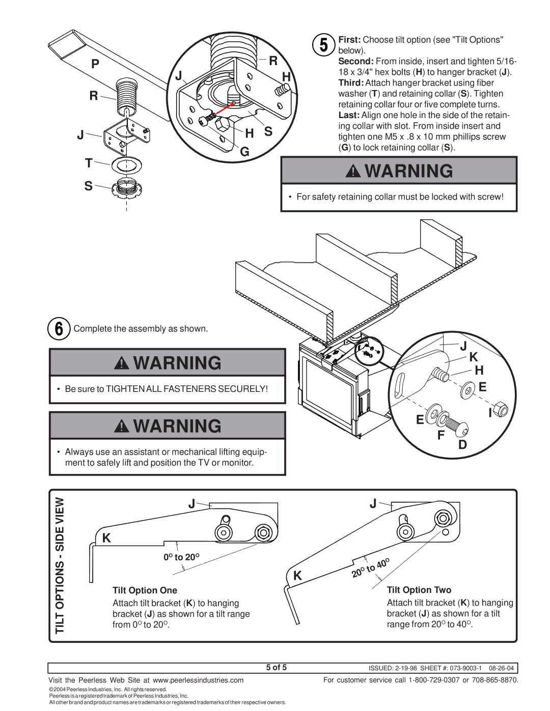 Peerless Industries IMC 18 instruction sheet 0O to 20O Tilt Option One, Tilt Option Two 