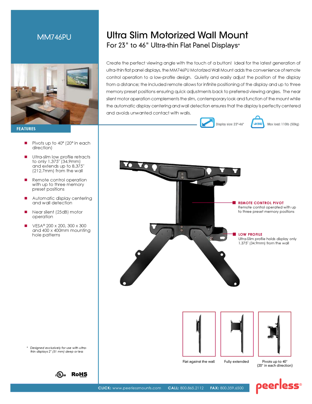 Peerless Industries MM746PU manual Ultra Slim Motorized Wall Mount 