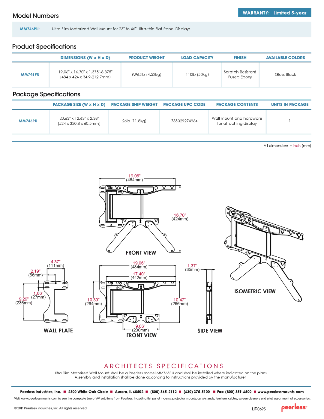 Peerless Industries MM746PU manual Model Numbers, Product Specifications, Package Specifications 