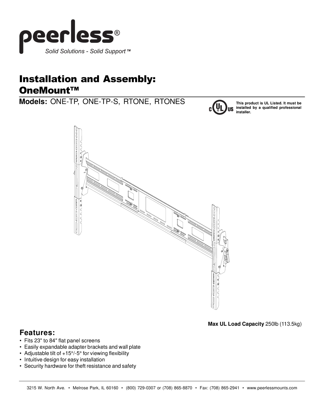 Peerless Industries ONE-TP-S, RTONES manual Installation and Assembly OneMount, Features 