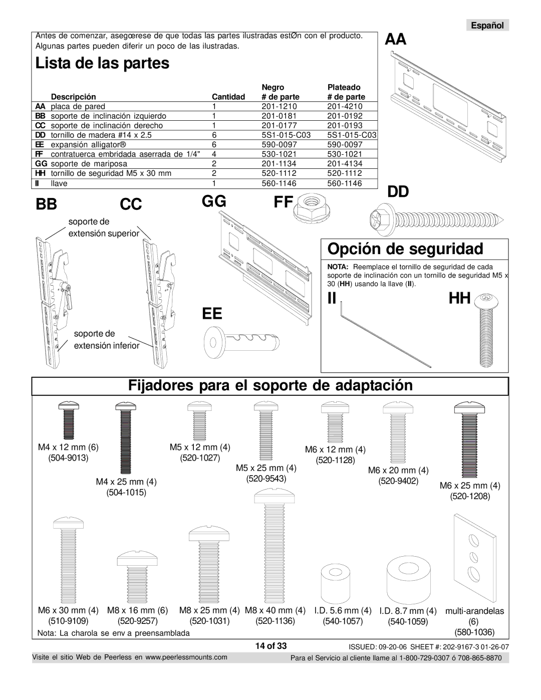 Peerless Industries RTONES, ONE-TP-S manual Lista de las partes 