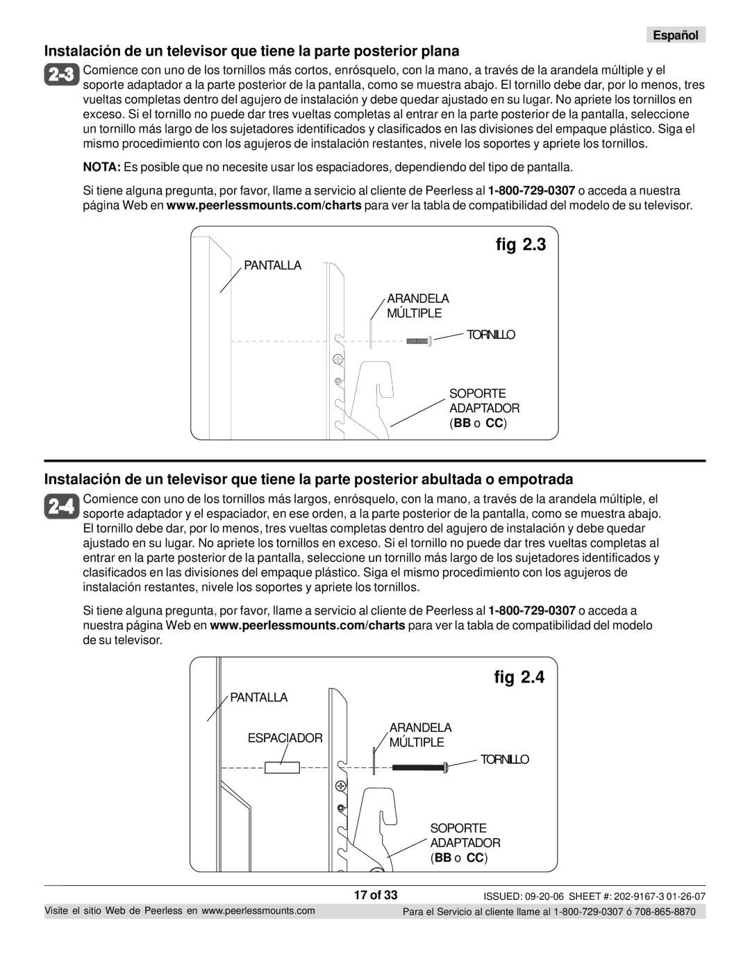 Peerless Industries ONE-TP-S, RTONES manual Pantalla Arandela Múltiple Tornillo 