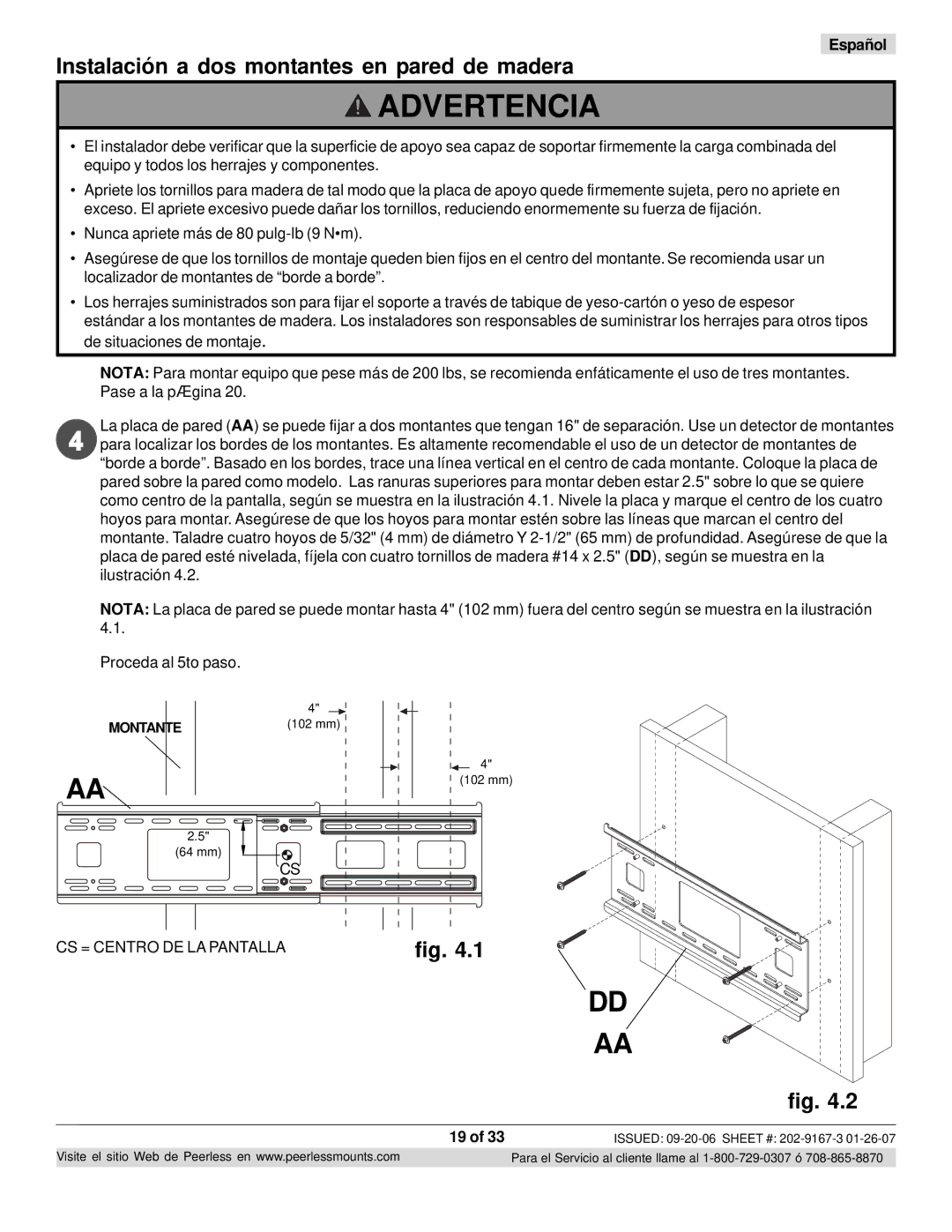 Peerless Industries ONE-TP-S, RTONES manual Instalación a dos montantes en pared de madera, Proceda al 5to paso 