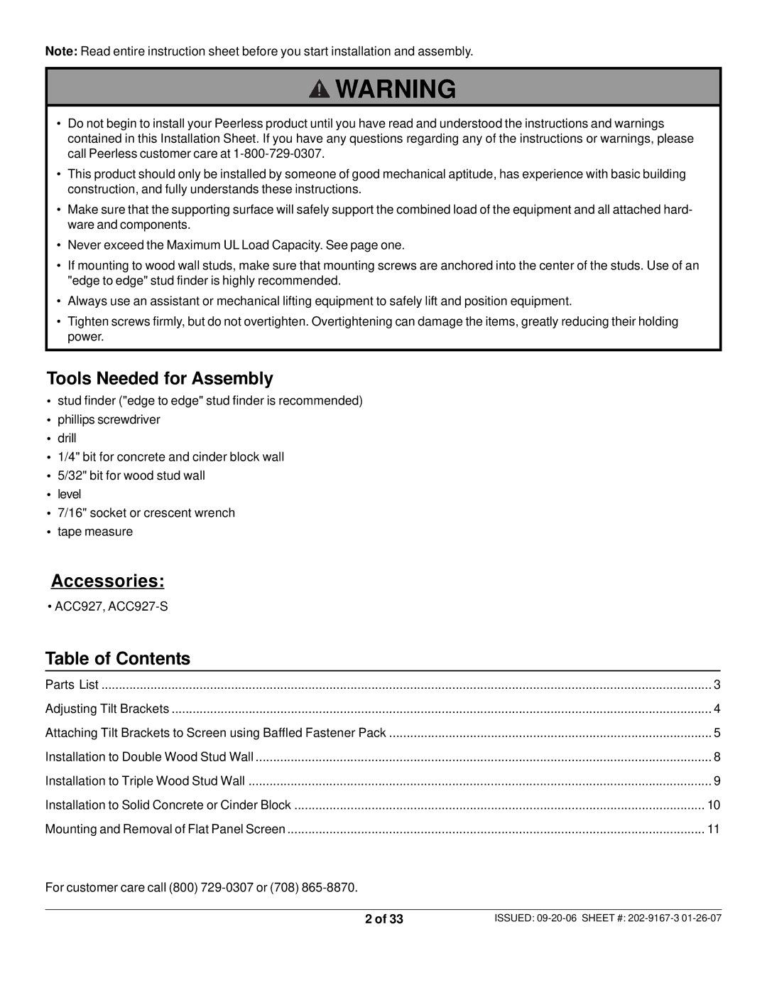 Peerless Industries RTONES, ONE-TP-S manual Tools Needed for Assembly, Accessories, Table of Contents 