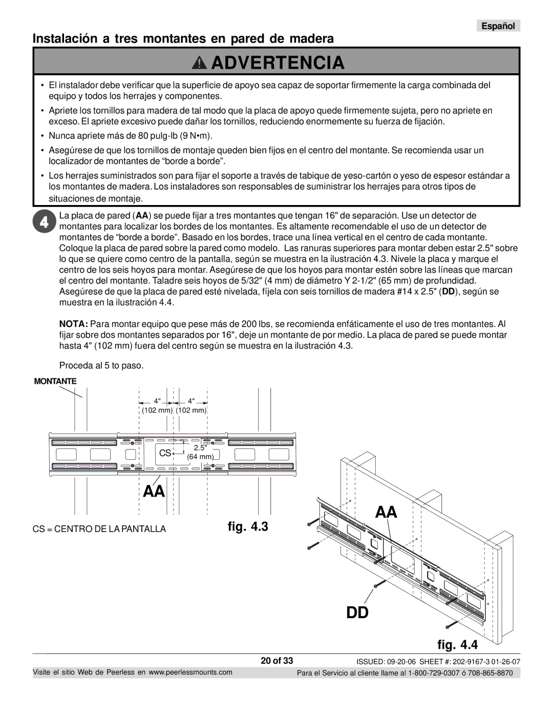 Peerless Industries ONE-TP-S, RTONES manual Instalación a tres montantes en pared de madera, Proceda al 5 to paso 