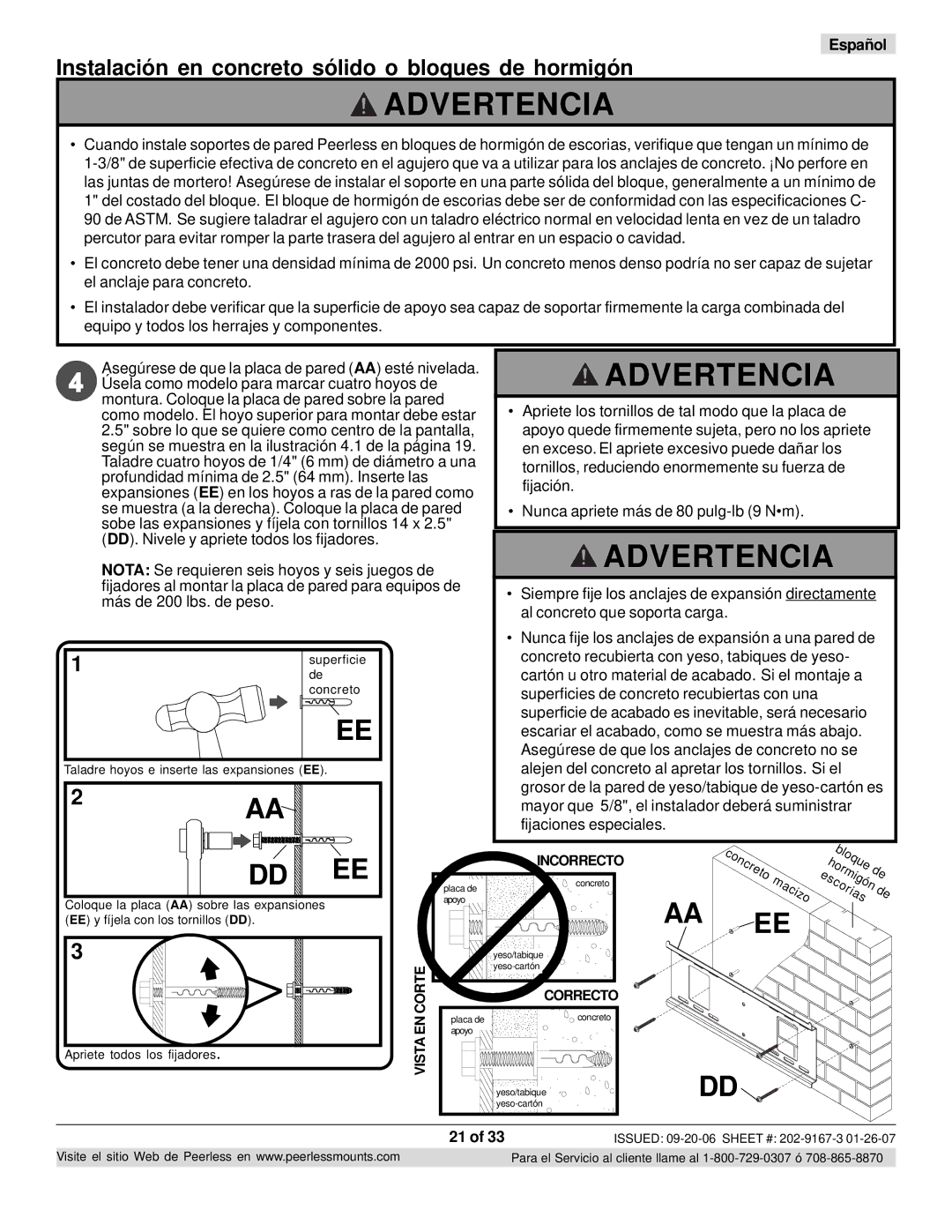 Peerless Industries ONE-TP-S, RTONES manual Instalación en concreto sólido o bloques de hormigón, Hormigón 