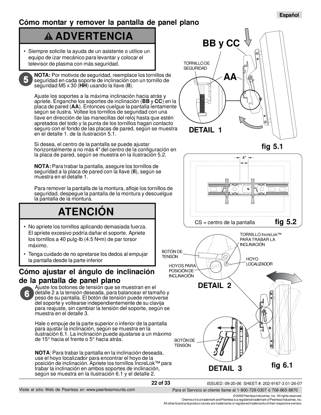 Peerless Industries RTONES, ONE-TP manual Cómo montar y remover la pantalla de panel plano, De la pantalla de panel plano 