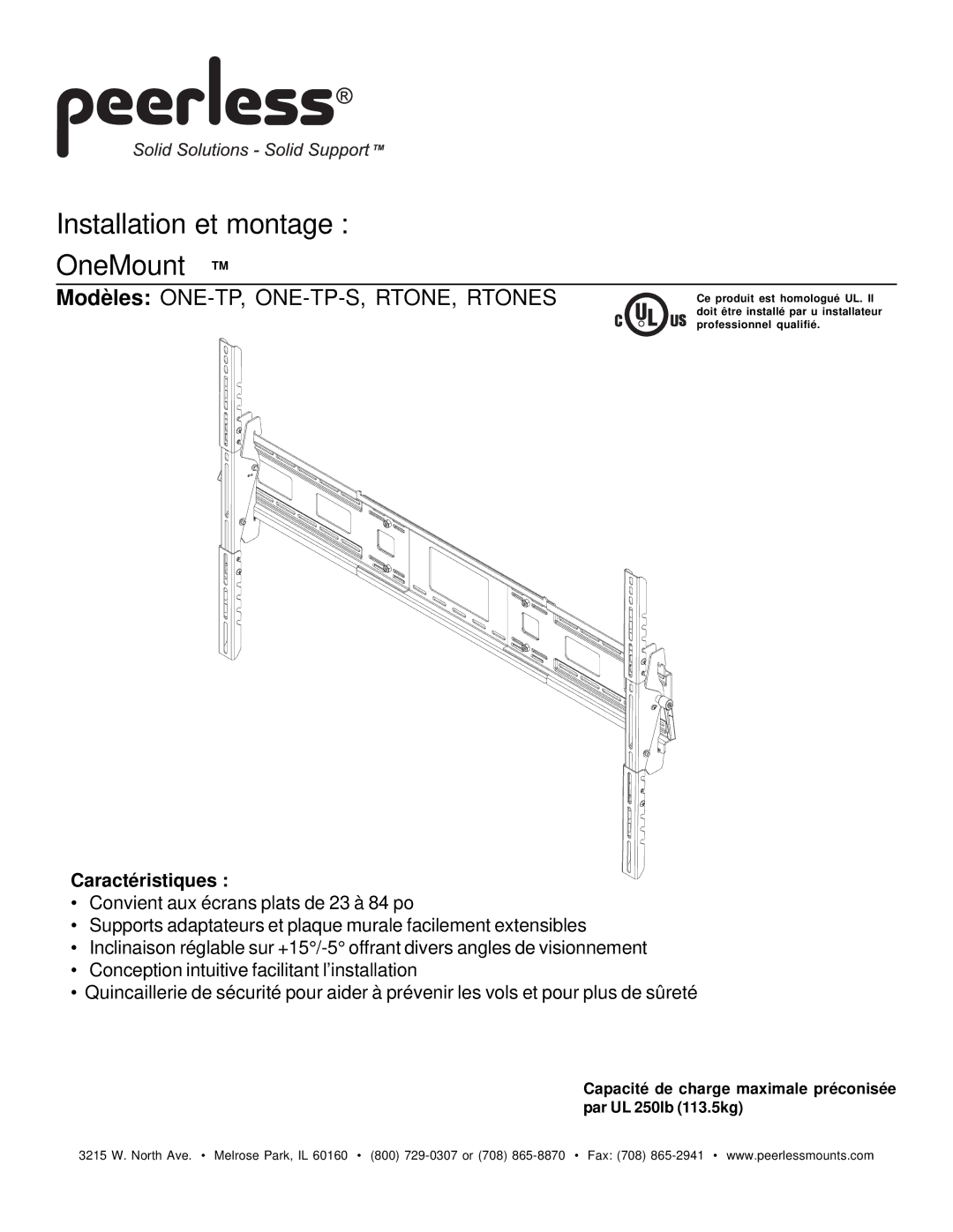 Peerless Industries ONE-TP-S, RTONES manual Installation et montage OneMount 