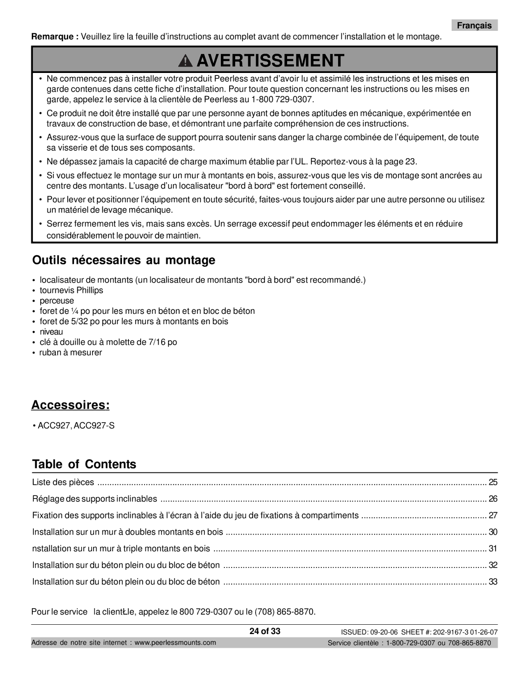 Peerless Industries ONE-TP-S, RTONES manual Outils nécessaires au montage, Accessoires 