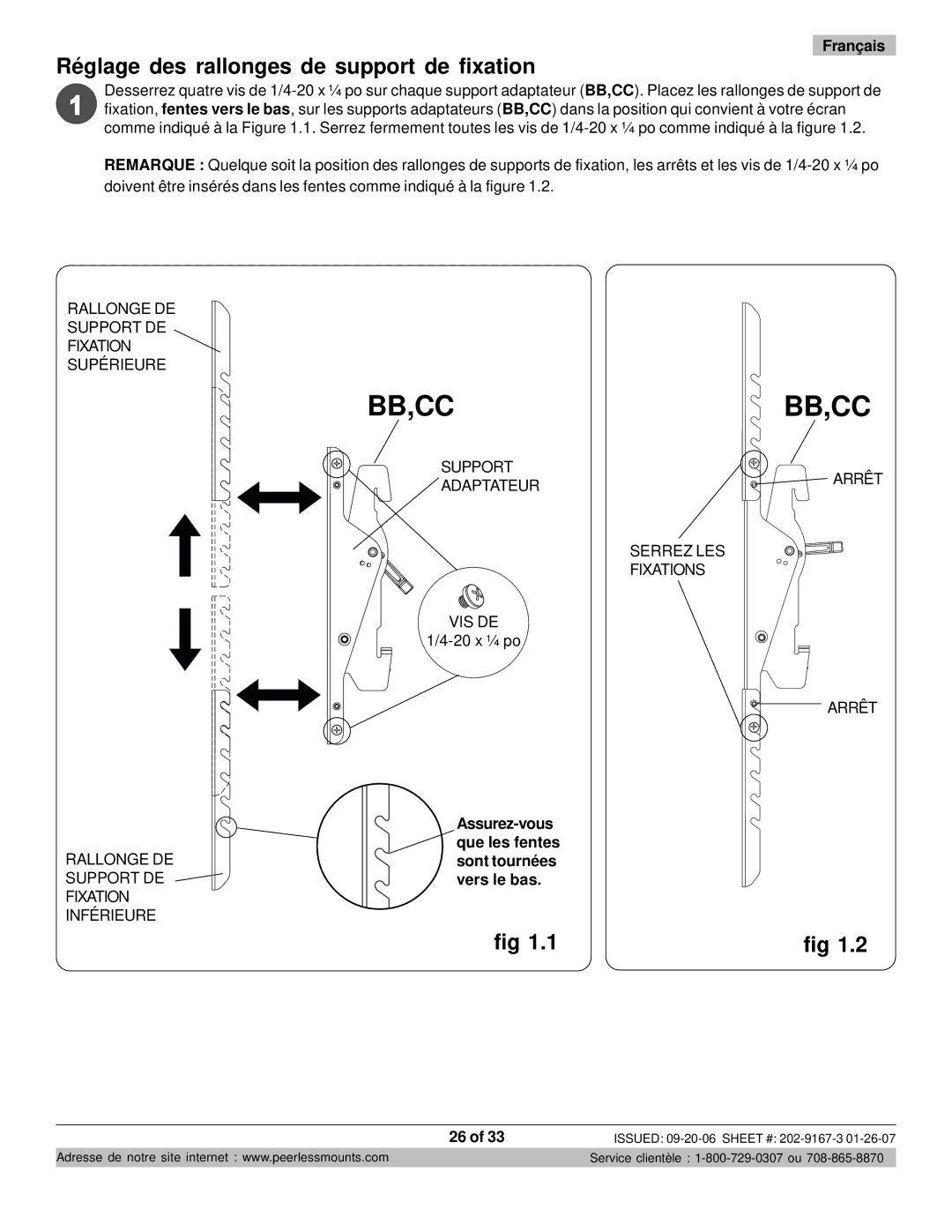 Peerless Industries RTONES, ONE-TP-S manual Bb,Cc, Réglage des rallonges de support de fixation 