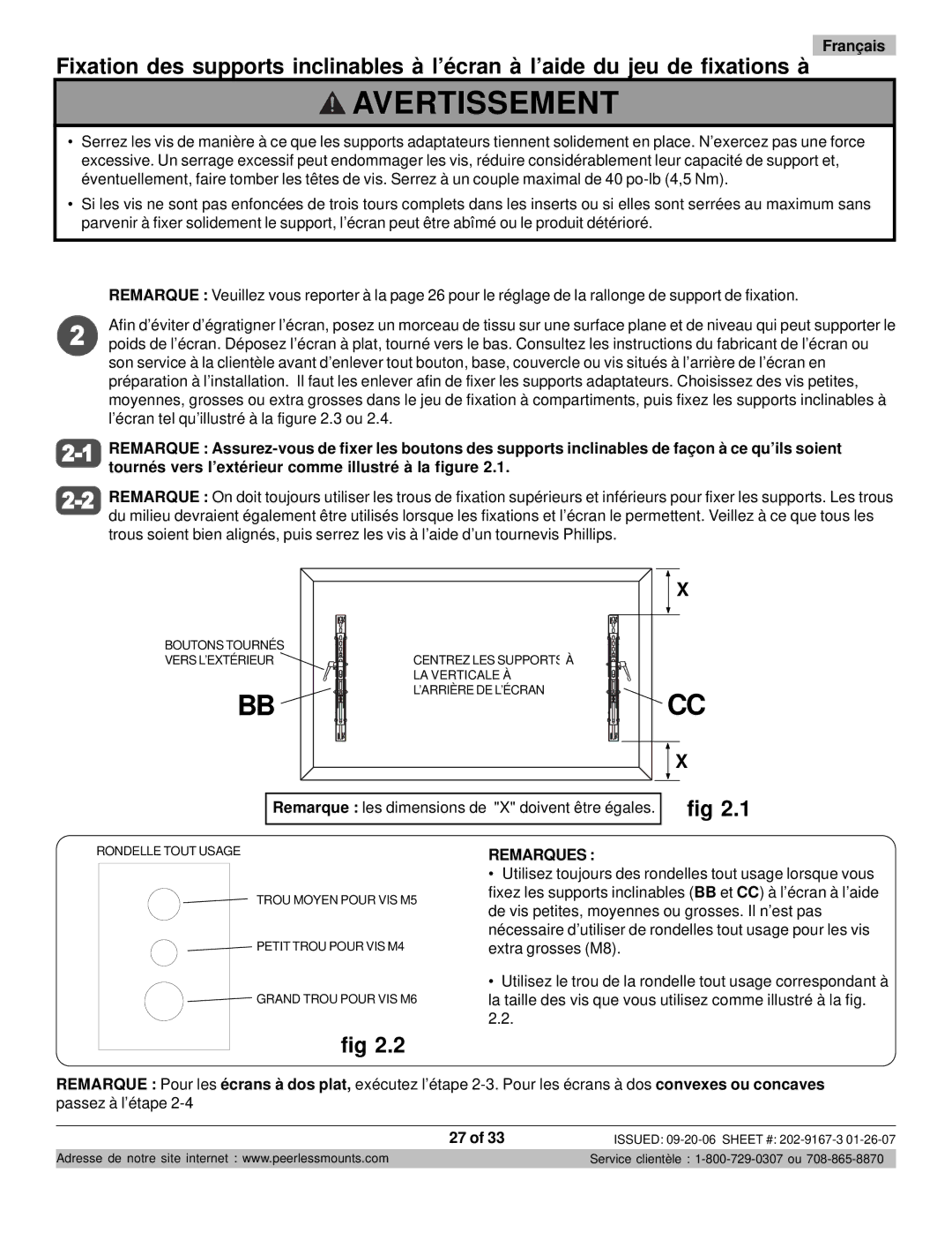 Peerless Industries ONE-TP-S, RTONES manual Remarques 