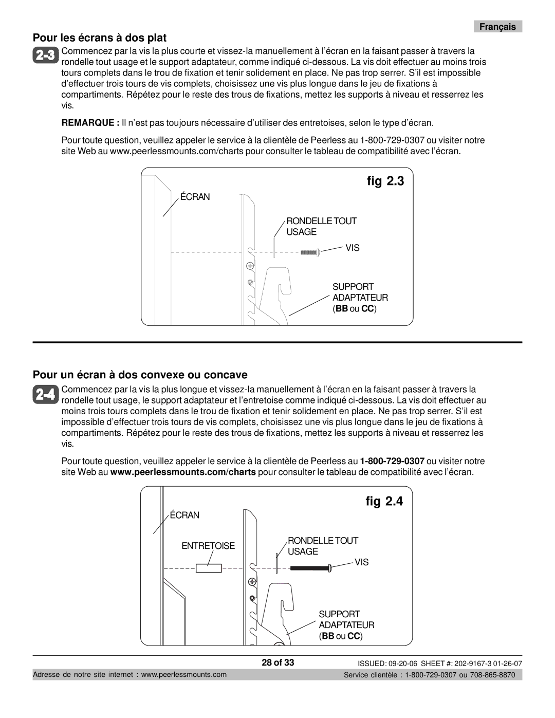 Peerless Industries ONE-TP-S, RTONES manual Pour les écrans à dos plat 