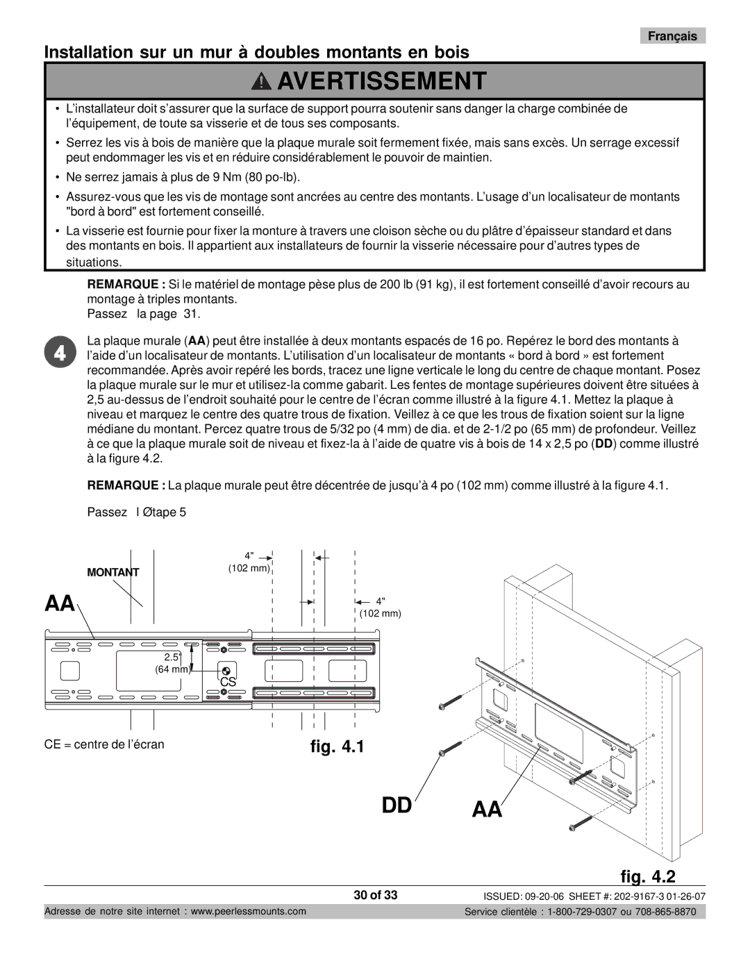 Peerless Industries RTONES manual Dd Aa, Installation sur un mur à doubles montants en bois, Passez à la, Passez à l’étape 