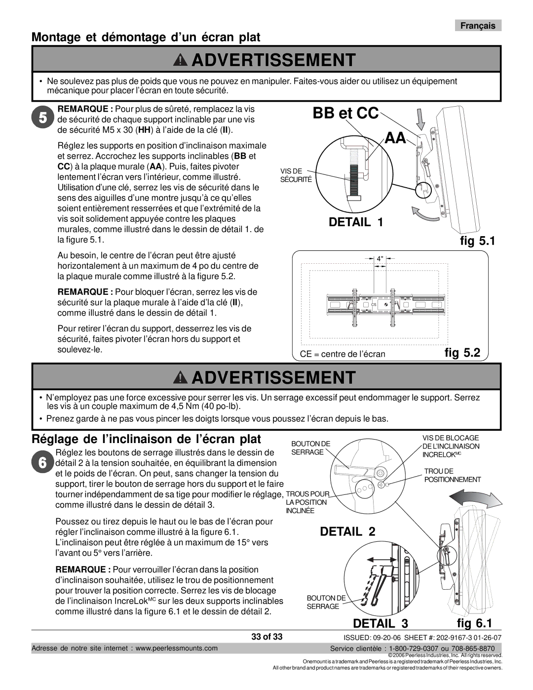 Peerless Industries ONE-TP-S, RTONES manual Montage et démontage d’un écran plat, Réglage de l’inclinaison de l’écran plat 