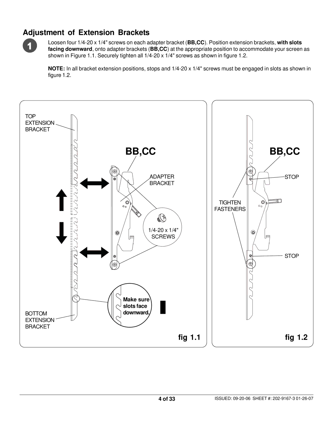 Peerless Industries ONE-TP-S, RTONES manual Bb,Cc, Adjustment of Extension Brackets 