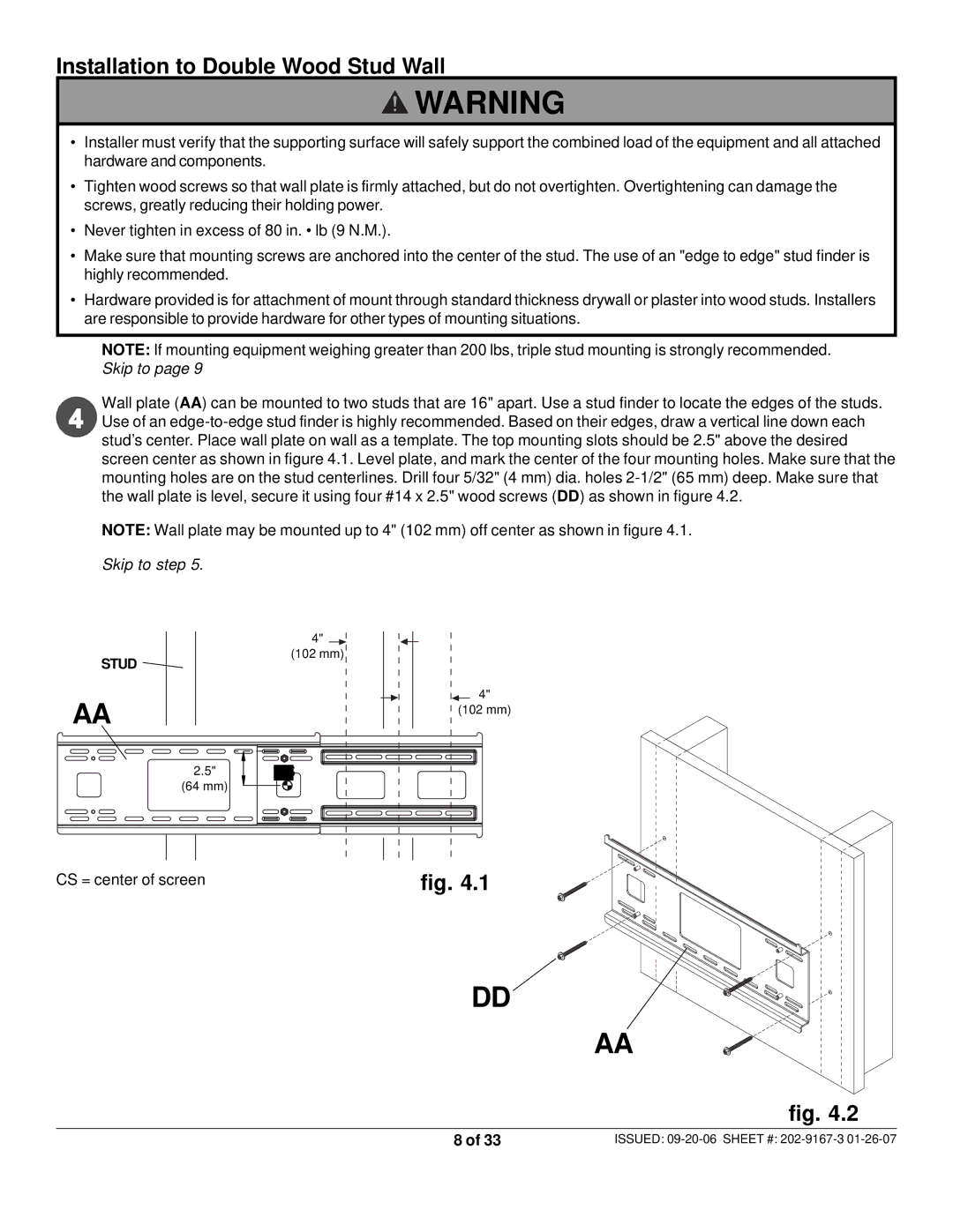 Peerless Industries ONE-TP-S, RTONES manual Installation to Double Wood Stud Wall, Skip to step 