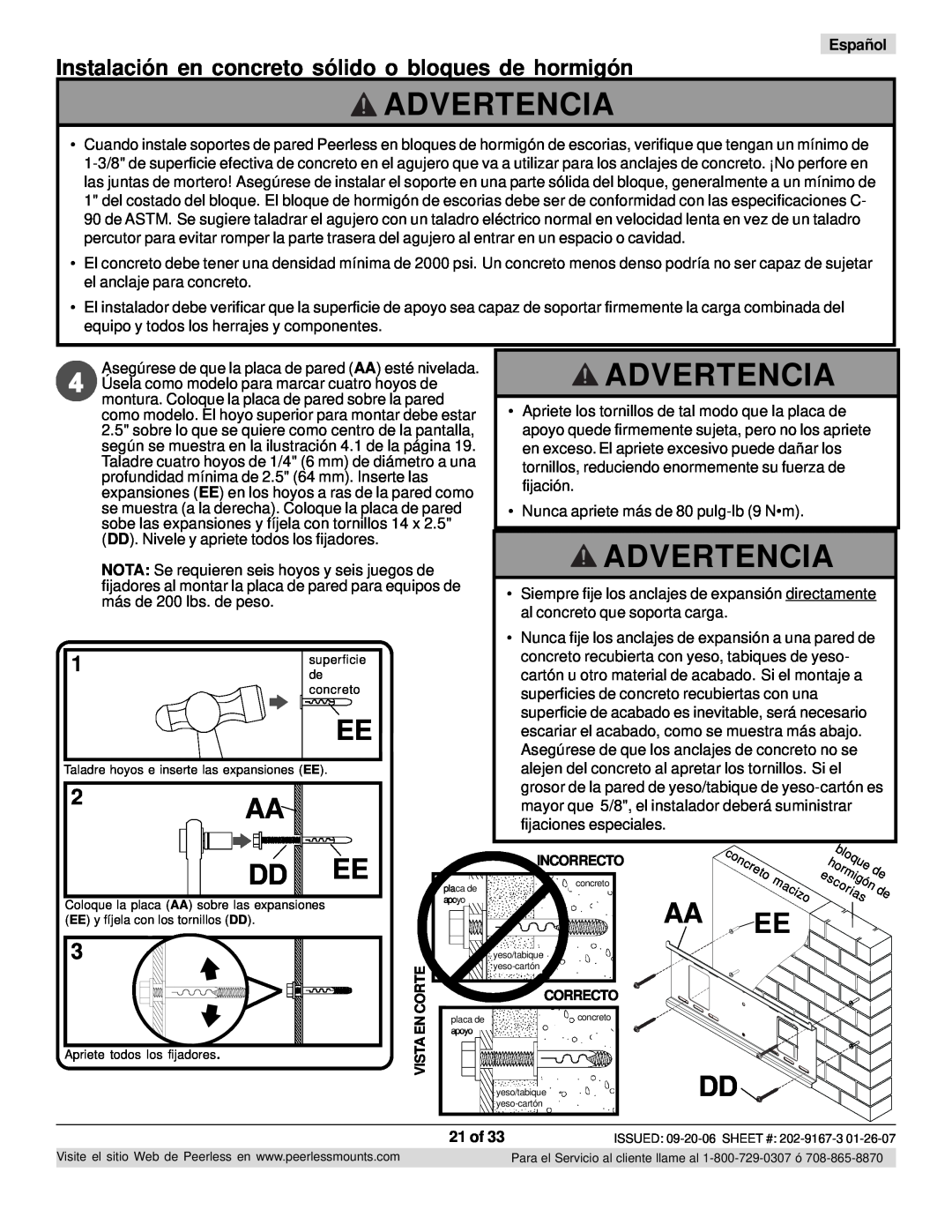 Peerless Industries ONE-TP-S, RTONES manual Advertencia, hormigón, Español, 21 of 