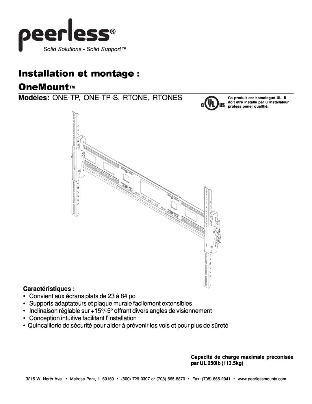 Peerless Industries manual Installation et montage OneMount, Modèles ONE-TP, ONE-TP-S,RTONE, RTONES 