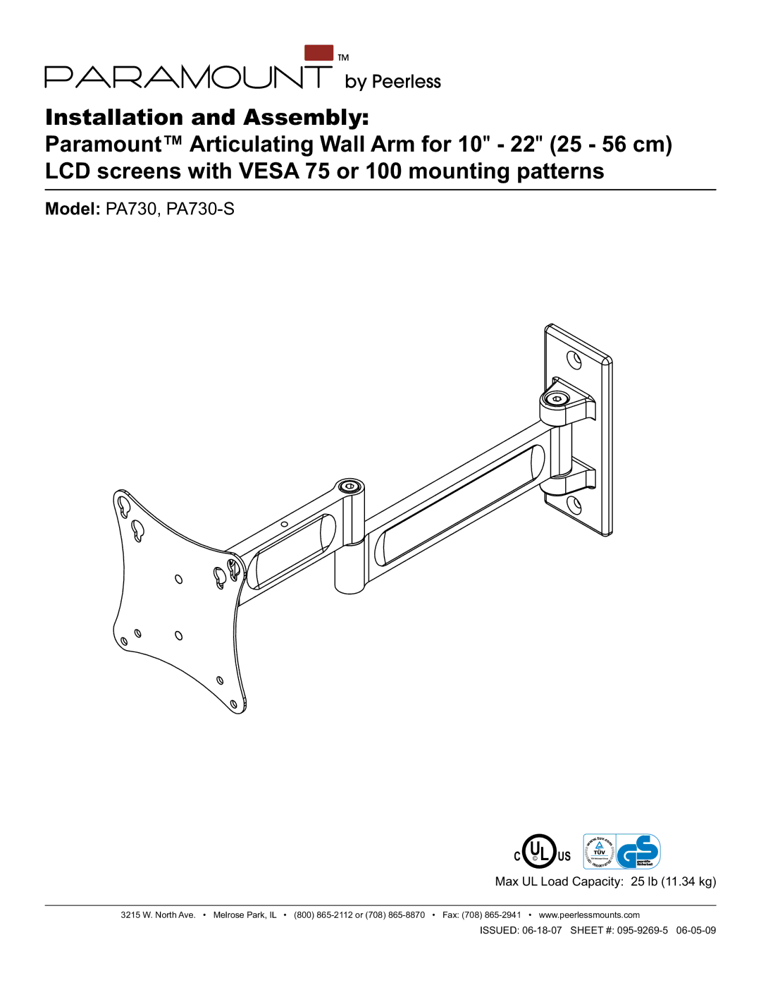 Peerless Industries manual Model PA730, PA730-S, L Us 