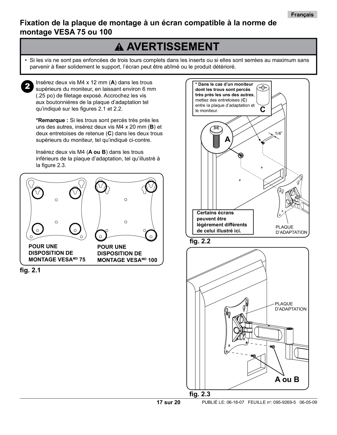 Peerless Industries PA730-S manual Ou B, Pour UNE Disposition DE Montage Vesa MD, 17 sur 