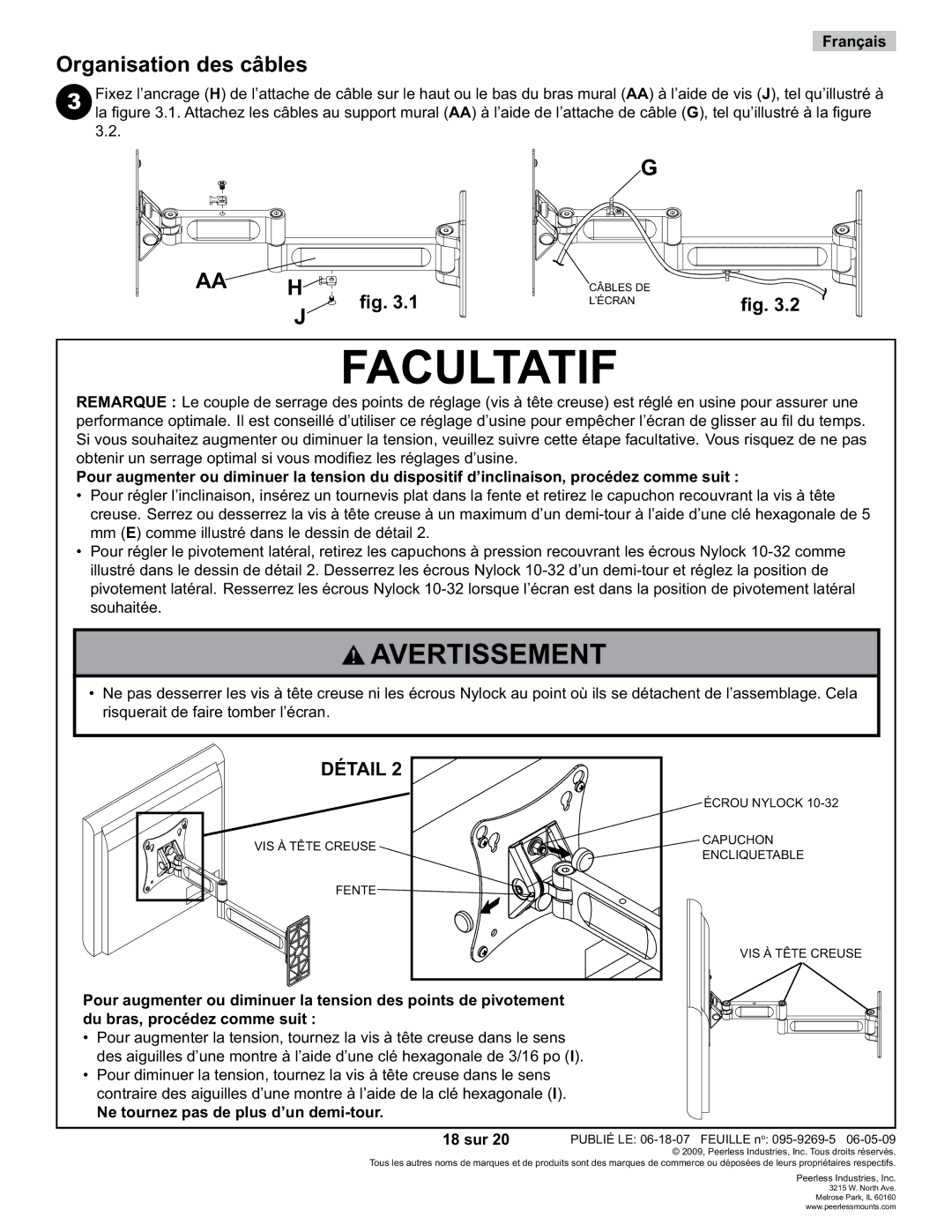 Peerless Industries PA730-S manual Facultatif, Organisation des câbles, Ne tournez pas de plus d’un demi-tour, 18 sur 