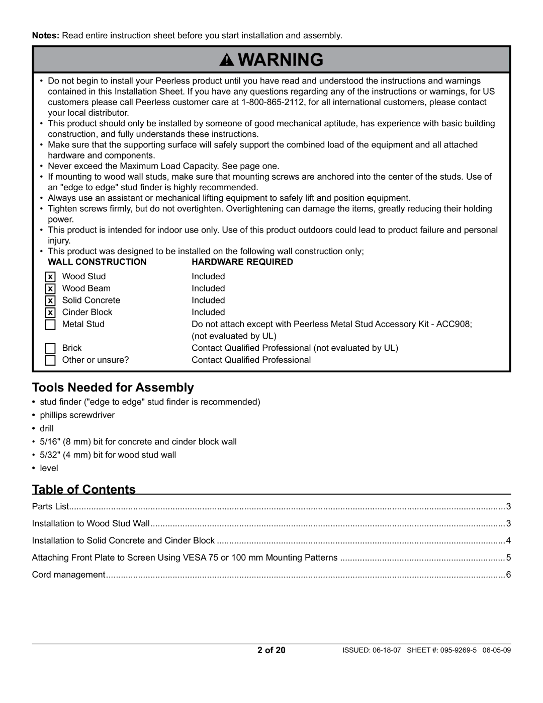 Peerless Industries PA730-S manual Tools Needed for Assembly, Table of Contents 