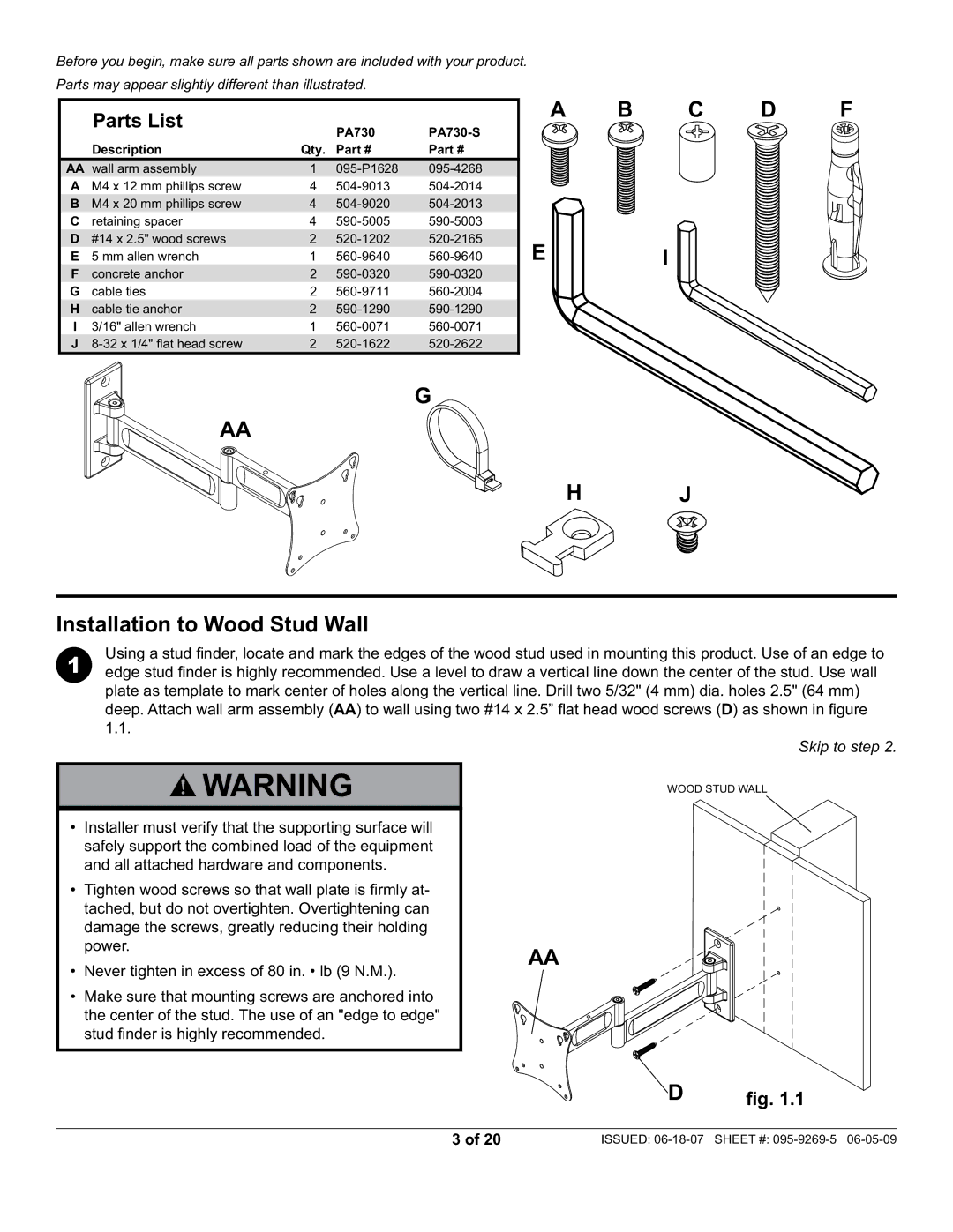 Peerless Industries manual Installation to Wood Stud Wall, PA730 PA730-S Description Qty 