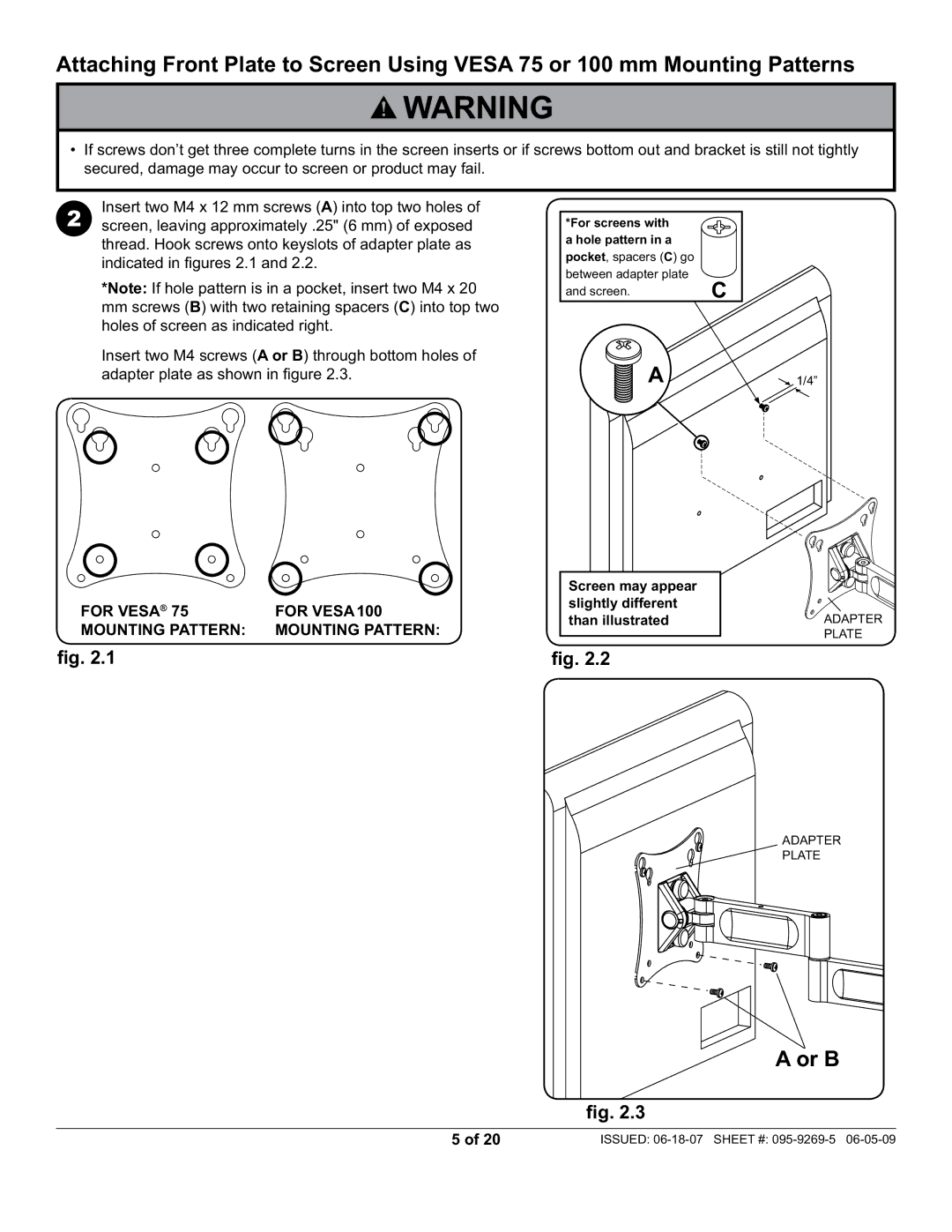 Peerless Industries PA730-S manual Or B, For Vesa For VESA100 Mounting Pattern 