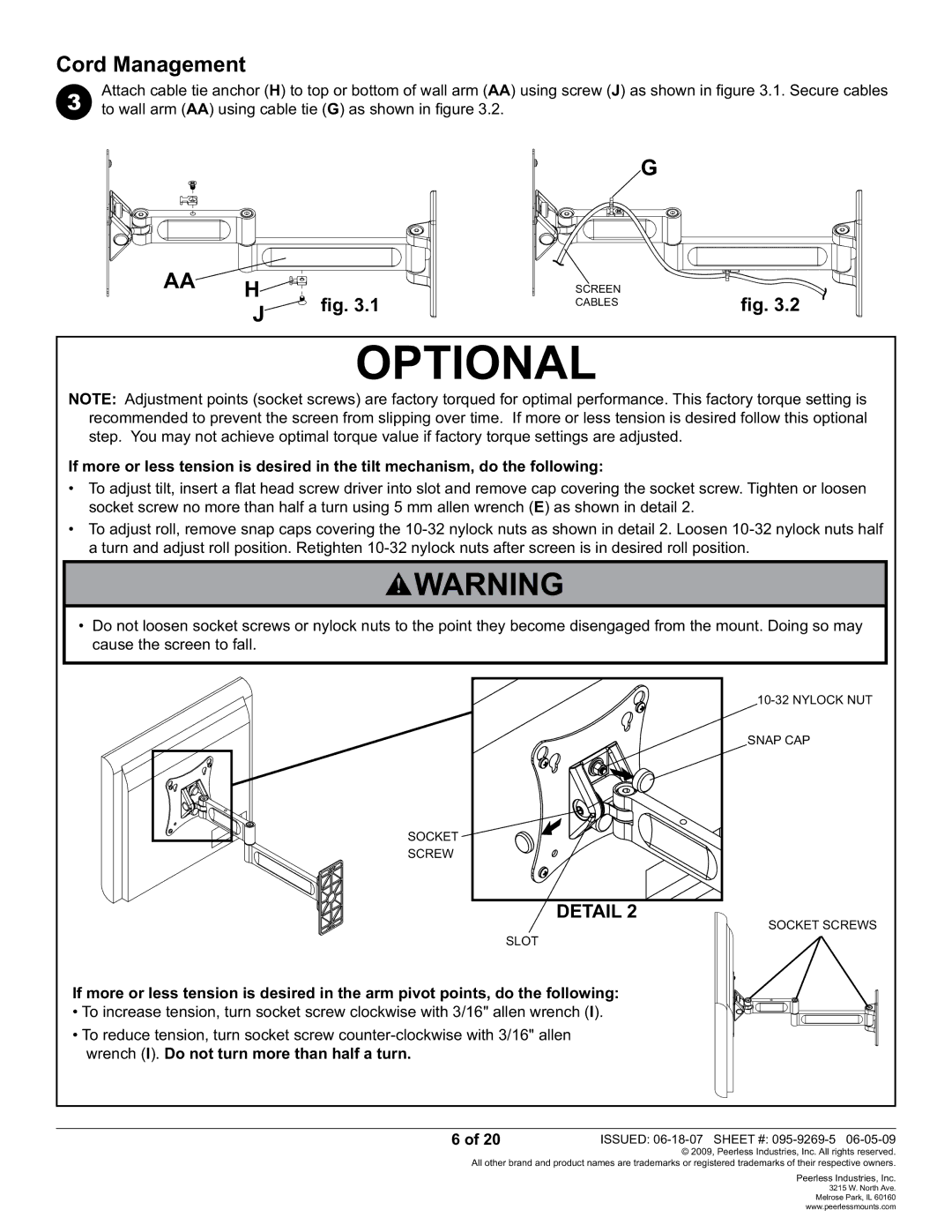 Peerless Industries PA730-S manual Optional, Cord Management, Aa H 