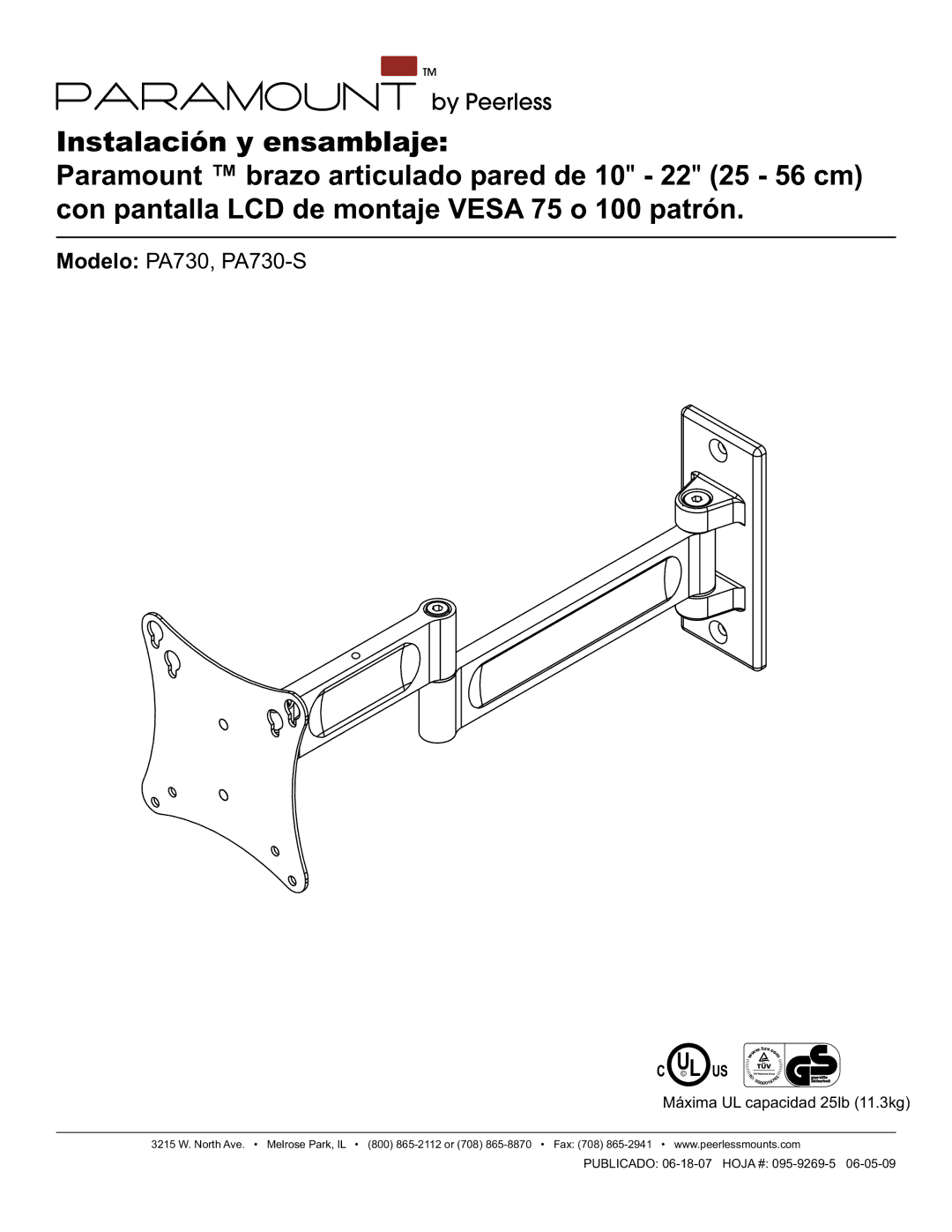 Peerless Industries manual Modelo PA730, PA730-S 