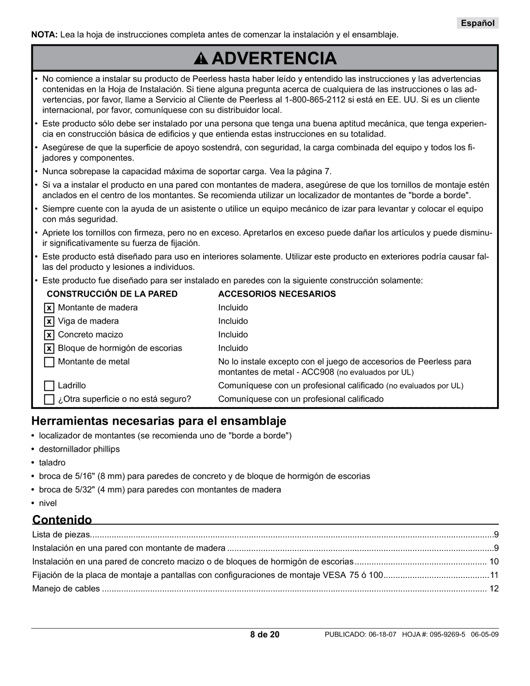 Peerless Industries PA730-S manual Herramientas necesarias para el ensamblaje, Contenido, Español 