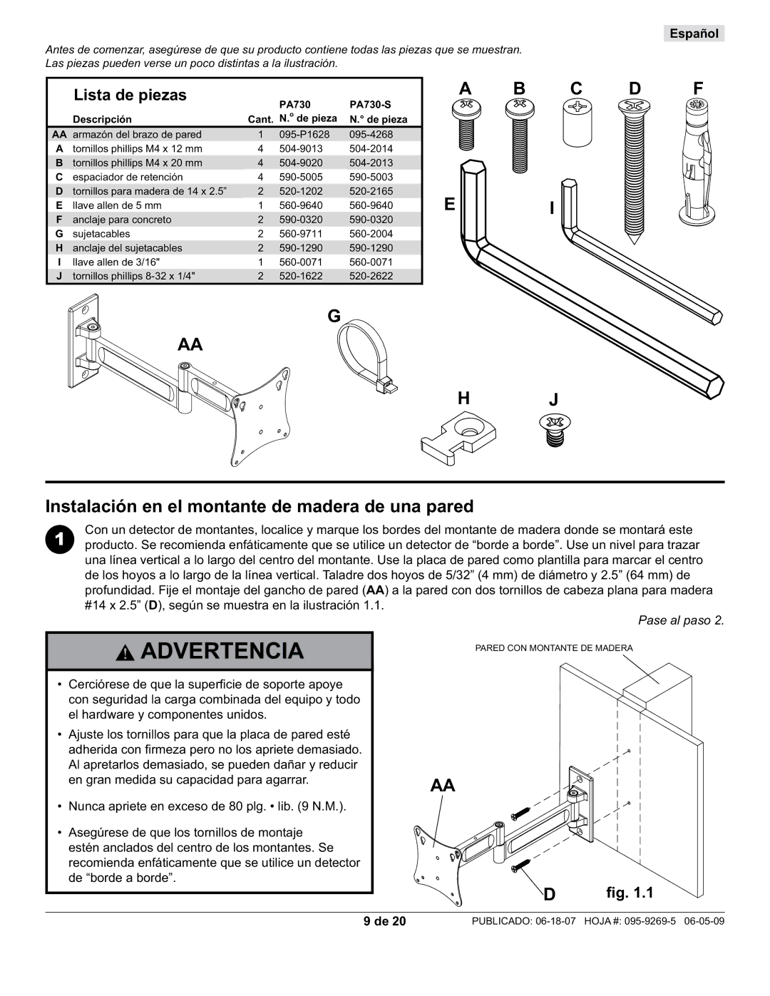 Peerless Industries PA730-S manual Instalación en el montante de madera de una pared 