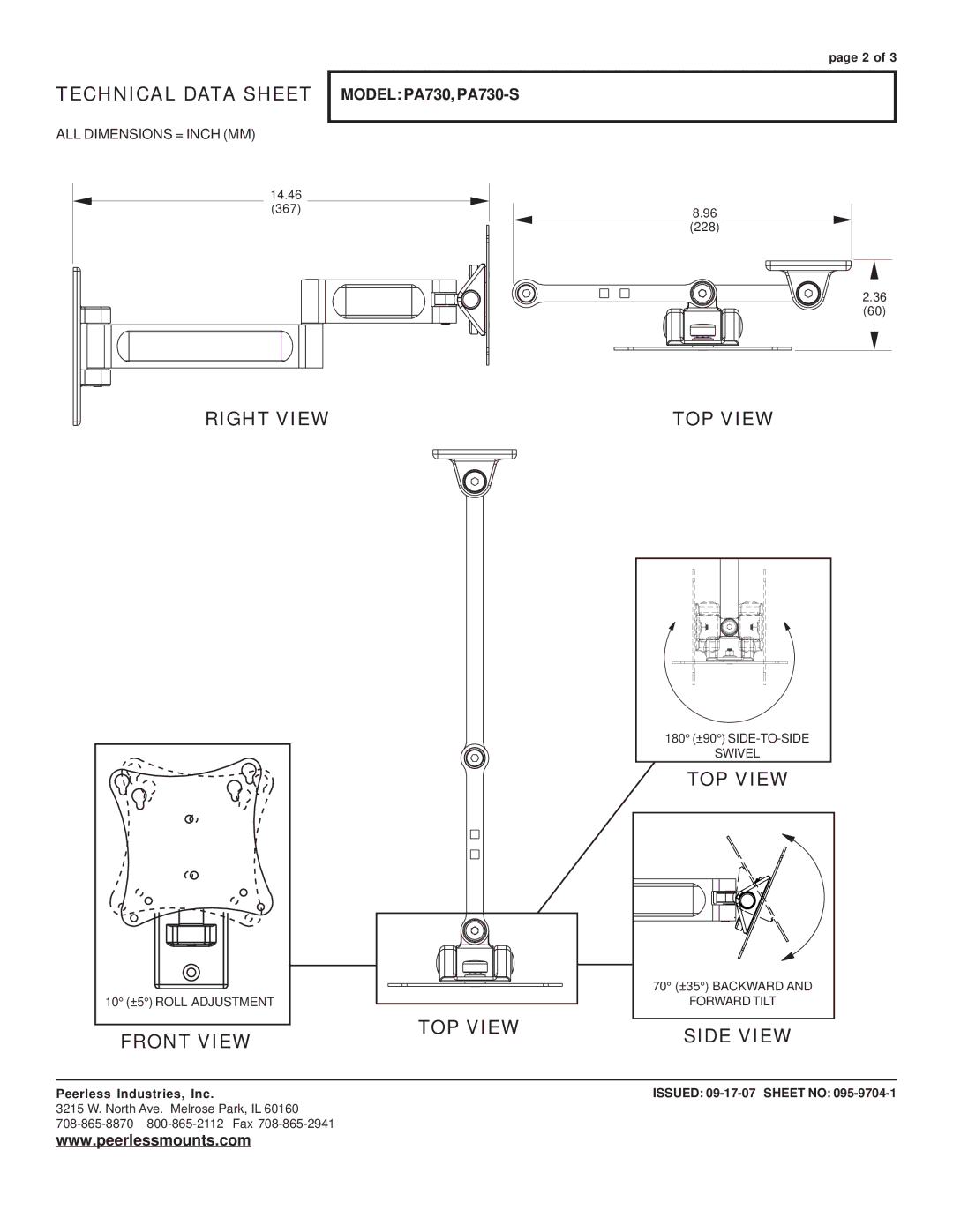 Peerless Industries PA730-S dimensions Technical Data Sheet, Right View, Front View, TOP View Side View 